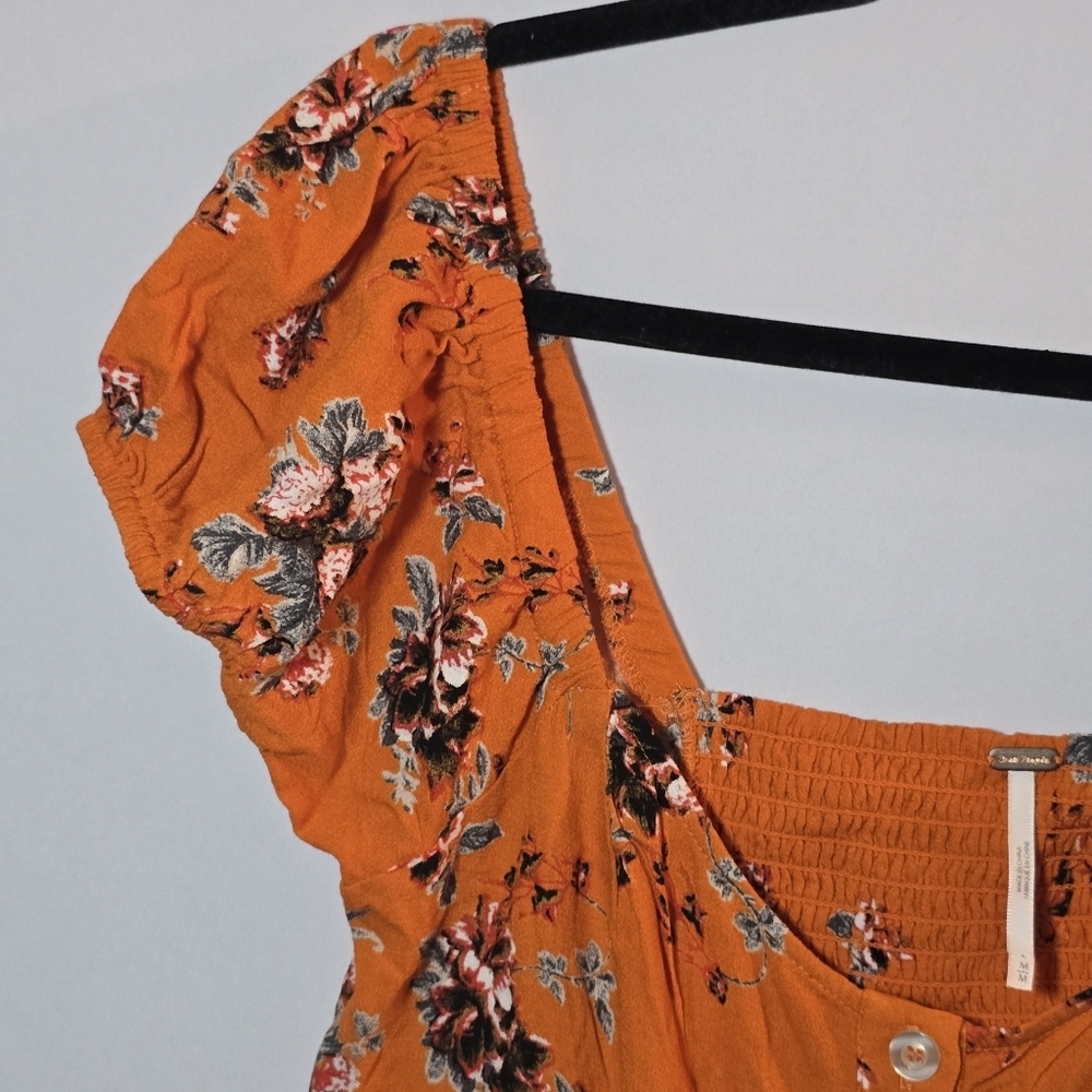 Free People Orange Floral Close To You Y2K Babydoll Short Sleeve Peaseant Top M - Picture 5 of 10